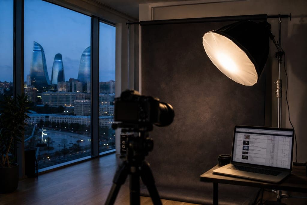 Bakıda foto çəkiliş üçün studio işığı, kamera və çəkiliş planı