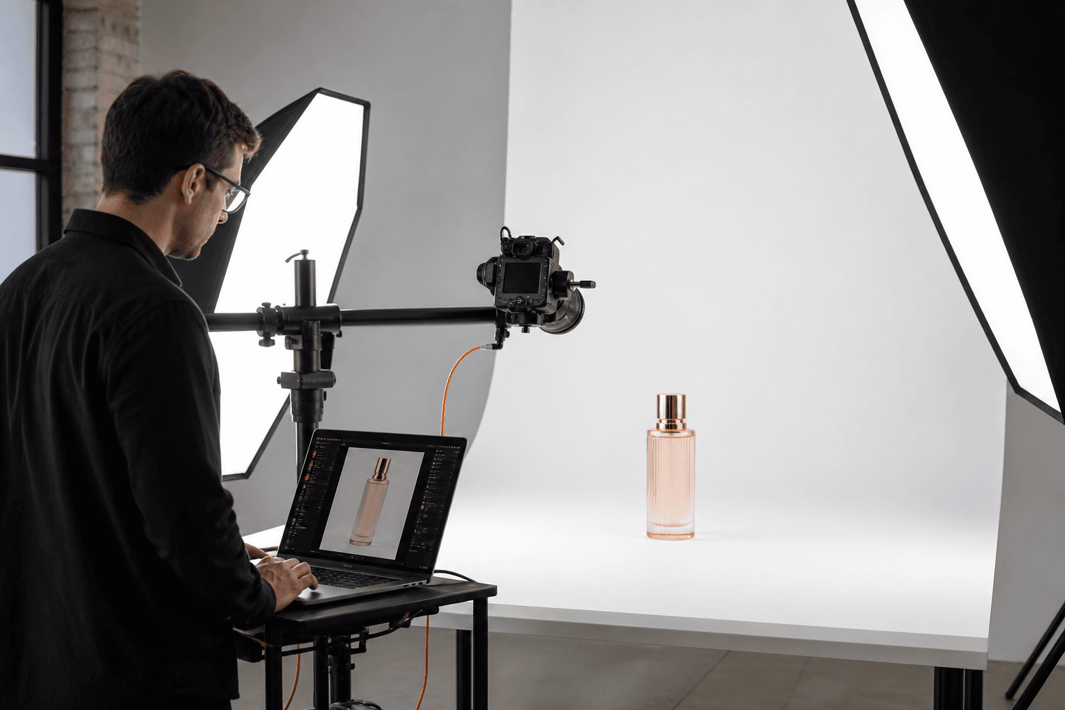 Studio-da məhsul foto çəkilişi — ağ fon, softbox və kosmetika şüşəsi