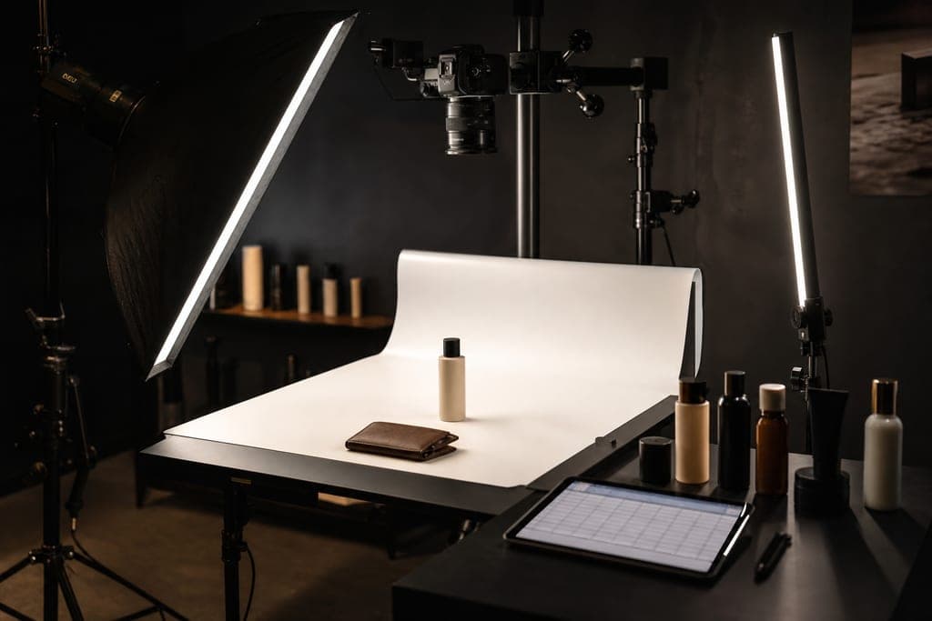 Məhsul foto çəkilişi üçün studio masası, işıq və SKU siyahısı