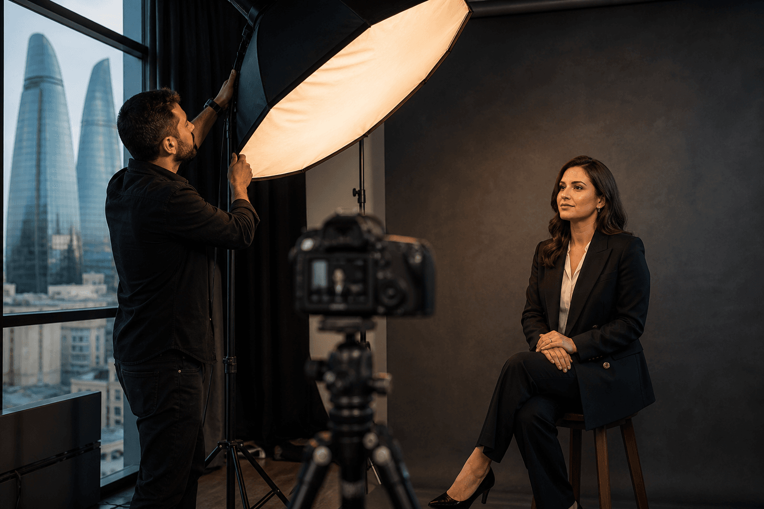 Bakıda peşəkar korporativ foto çəkilişi — studio işığı və portret setup